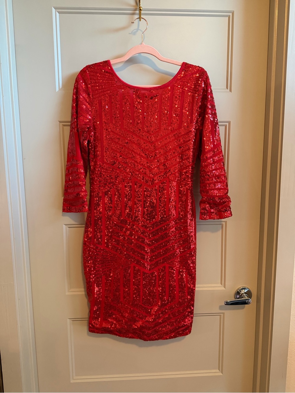 Red Sequin Midi Dress with Three-Quarter Sleeves